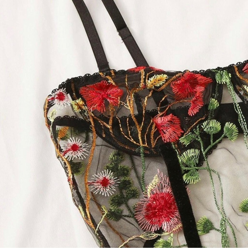 Floral embroidered black lace mesh sexy bodysuit lingerie teddy, multi sizes NWT - Picture 4 of 7